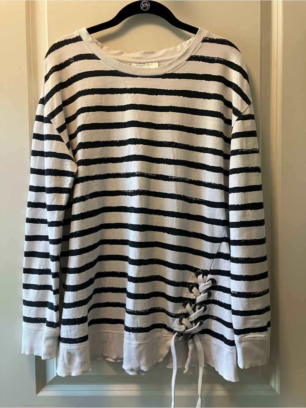 Motherhood Striped Maternity Sweatshirt with Lace-Up Detail